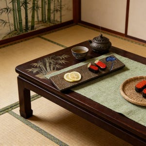 May include: A low, dark wooden table with a bamboo design, holding a green placemat, a ceramic tray with sushi and lemon slices, a small bowl of tea, and a woven basket with sushi. An incense burner sits on the table.
