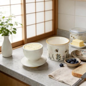 Puede incluir: Una mantequera de cerámica blanca con borde amarillo, llena de mantequilla, se encuentra sobre un platillo. Un recipiente a juego con diseños de abejas y flores está al lado. También hay un pequeño cuenco de arándanos y una rebanada de pan.