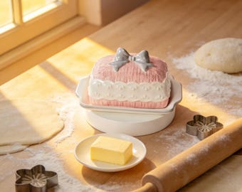 Personnalized Pink Knit-Pattern Ceramic Butter Dish - Custom Engraved Coquette Bow Lidded Tray