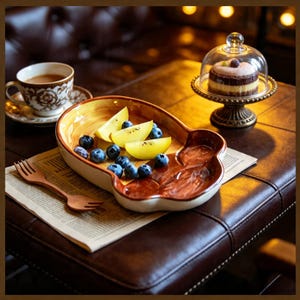 May include: A still life arrangement with a serving dish holding blueberries and kiwi. A small cake is under a glass cloche, and a cup of coffee is present. A wooden fork rests on a newspaper, all on a leather surface.