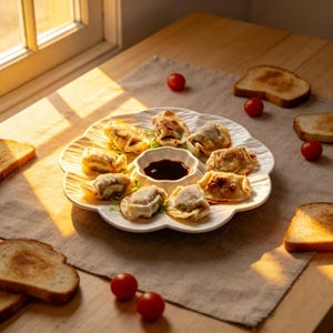 Personnalized Ceramic Dumpling Plate with Sauce Compartment - Custom Engraved Flower-Shaped Divided Serving Dish