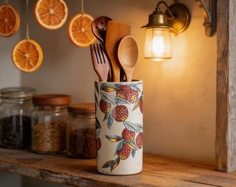 Personnalized Lychee Pattern Stoneware Utensil Holder - Custom Engraved Vintage Chopstick Holder, Luxury Kitchen Pen Decor
