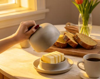 Personnalized Matte Ceramic Butter Dish with Lid - Custom Engraved Minimalist Neutral Lidded Keeper