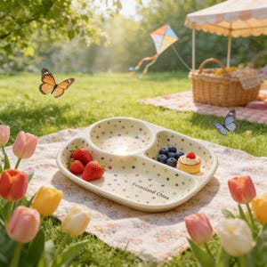 Puede incluir: Un plato dividido de color crema con diseños de estrellas, lleno de fresas, arándanos y un pequeño pastel. El plato está sobre una manta de picnic con tulipanes y mariposas en el fondo. El texto en el plato dice "Friesland China."