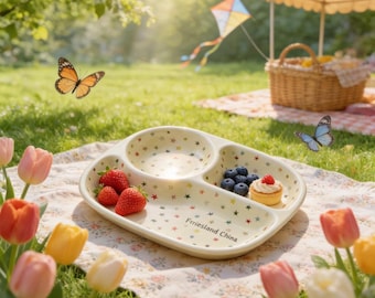 Personlig keramisk tallrik med 3 fack - graverad frukost-/dessertbricka i gnistrande stjärnstil