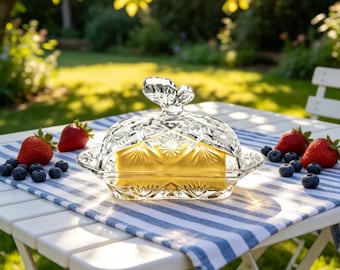 Personnalized Embossed Glass Butter Dish with Lid & Engraved Knife - Custom Vintage Style Covered Cheese Tray