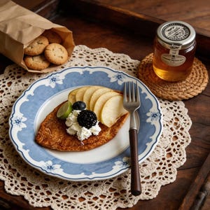 Może przedstawiać: Scena śniadania z naleśnikiem, plasterkami jabłka, jagodami i bitą śmietaną na niebieskim talerzu z kwiatowym wzorem. Słoik miodu, ciasteczka w papierowej torebce i widelec są również obecne. Scena jest na drewnianej tacy.