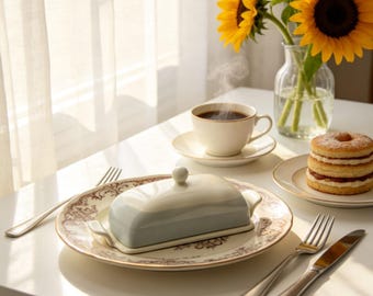 Personnalized Two-Tone Ceramic Butter Dish - Custom Engraved Minimalist Gray & Cream Lidded Keeper