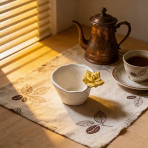Puede incluir: Una naturaleza muerta con una taza de cerámica blanca con un acento floral amarillo, una cafetera de cobre y una taza de café sobre un mantel individual de lino estampado. La escena está sobre una superficie de madera, con luz solar.