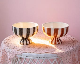 Personnalized Hand-Painted Striped Ceramic Footed Bowl - Custom Engraved Maillard Style Dessert Fruit Bowl