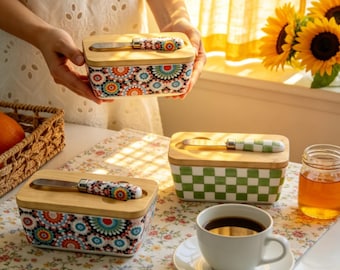 Personnalized Ceramic Butter Dish with Bamboo Lid & Engraved Knife - Custom Airtight Storage Container