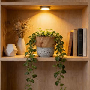 May include: A wooden shelf with a potted plant featuring cascading green foliage, a white geometric vase, and dried flowers. A small light illuminates the shelf. The plant pot is a mix of wood and concrete. Books are also on the shelf.