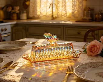 Personnalized Vintage Green Glass Butter Dish with Butterfly Lid - Custom Engraved Retro Lidded Keeper