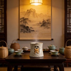 Pode incluir: Um difusor de óleos essenciais de cerâmica com um design de gato, emitindo vapor. O difusor está sobre uma mesa de madeira escura, rodeado por chávenas de chá, bules e cestos de vime. Uma pintura tradicional está pendurada no fundo.