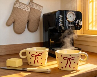 Personnalized Red Bow & Heart Ceramic Mug - Custom Engraved Coquette Style Coffee Cup