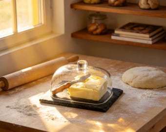 Personnalized Glass Dome & Slate Butter Dish - Custom Engraved Rustic Cheese Keeper with Utensil Slot