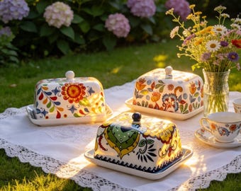 Personalisierte Blumenkeramikbutterschale mit Deckel - individuell graviertes Serviertablett im Boho-Bauernhausstil