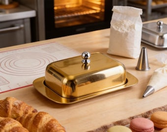 Mantequera personalizada de acero inoxidable dorado - Quesera de estilo europeo grabada a medida