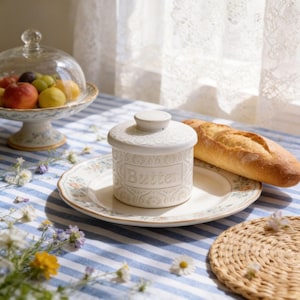 Personnalized Chinese Kiln Glazed Butter Keeper - Custom Engraved Vintage Embossed Ceramic Butter Pot with Lid, Cheese Storage Container