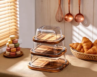 Personnalized Glass Dome & Wood Butter Dish - Custom Engraved Rustic Bread Cheese Serving Tray