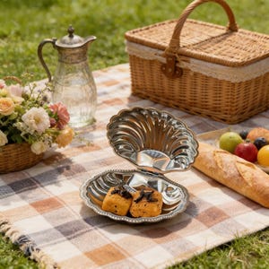 May include: A picnic scene with a silver seashell-shaped serving dish holding two pastries. A wicker basket, a glass pitcher, flowers, and a baguette are also on the checkered blanket. The scene is set outdoors on a grassy area.