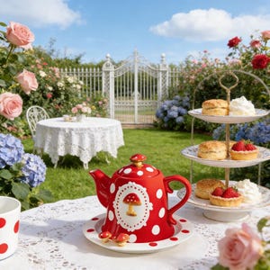 May include: A red teapot with white polka dots and a mushroom design, set on a matching saucer. The teapot is part of a tea set, with a tiered serving tray of scones and tarts, and a teacup, all on a white lace tablecloth in a garden setting.