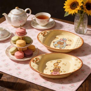 Puede incluir: Una escena de fiesta de té con una tetera floral, tazas y un soporte escalonado con macarons. Dos platos ovalados con diseños de osos de dibujos animados y un jarrón de girasoles están sobre un mantel floral. Los platos miden unos 25 cm de largo.