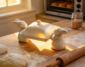 Personnalized Rabbit Ceramic Butter Dish - Custom Engraved Cute Lidded Tray with Bunny Figurine Base