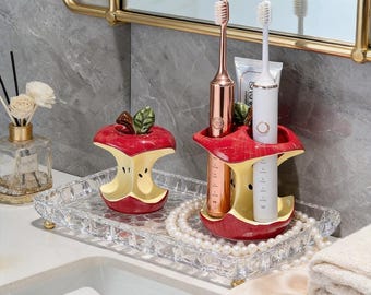 Portacepillos de cerámica personalizado con forma de corazón de manzana - Base drenable para cepillo de dientes de baño con grabado personalizado, decoración creativa para tocador