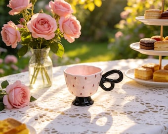 Personnalized Handmade Ceramic Mug with Bow Handle - Custom Engraved Floral Hand-Painted Footed Cup