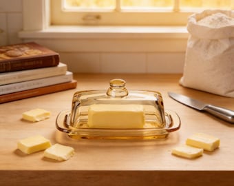 Mantequera de vidrio ámbar con tapa, caja para mantequilla y queso