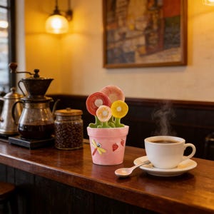 Puede incluir: Una maceta de cerámica rosa con un diseño de libélula y fresas, que contiene decoraciones en forma de flores de colores. Una taza de café blanca está sobre un platillo con una cuchara, junto a la maceta.