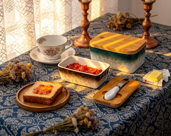 Personnalized Blue Ombre Ceramic Butter Dish with Bamboo Lid & Knife - Custom Engraved Airtight Storage