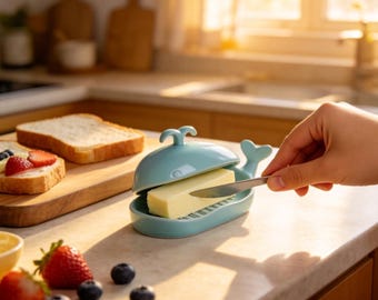 Personnalized Whale-Shaped Ceramic Butter Dish - Custom Engraved Cute Lidded Cheese Spread Storage Keeper
