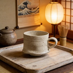 May include: A speckled, off-white ceramic mug with a curved handle sits on a wooden tray. The mug has a unique, wavy base. A traditional Japanese tea whisk and a paper lantern are in the background, suggesting a tea ceremony setting.