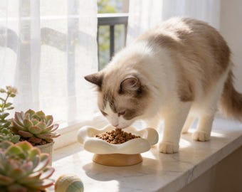 Personnalized Ceramic Elevated Cat Bowl for Neck Protection - Custom Engraved Flower Shaped Pet Food Dish