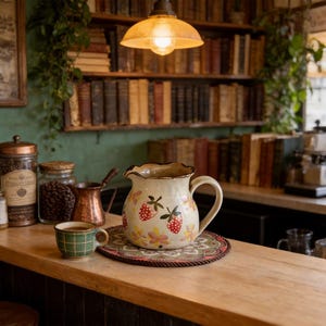 Peut inclure: Une cruche en céramique crème, ornée de fraises et de fleurs, posée sur un tapis décoratif. Une tasse à thé à carreaux verts est à proximité. Un pot en cuivre et des bocaux de grains de café sont également visibles.