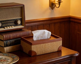 Personalized Natural Seagrass Tissue Box - Custom Engraved French Luxury Leather-Trimmed Woven Tissue Holder, Rustic Chic Organizer for Home