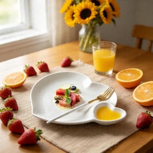 May include: A white heart-shaped plate with a small heart-shaped dish, holding a gold fork and a dish of orange liquid. Fresh strawberries and orange slices surround the plate. A glass of orange juice and a vase of sunflowers are in the background.