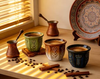 Personnalized Rustic Embossed Tulip Ceramic Coffee Cup - Custom Engraved Middle Eastern Style Espresso Mug