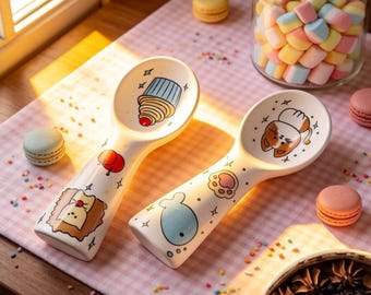 Personnalized Cute Cartoon Ceramic Spoon Rest - Custom Engraved Cat & Dessert Kitchen Utensil Holder