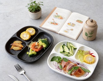 Personnalized 3-Compartment Ceramic Divided Plate - Custom Engraved Portion Control Plate for Weight Loss One-Person Meals
