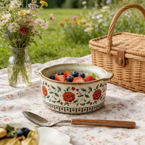 May include: A ceramic bowl filled with strawberries and blueberries, placed on a floral blanket. The bowl features a cream base with red floral patterns. A wicker picnic basket and a vase of flowers are in the background.