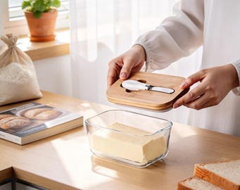 Personnalized Glass Butter Dish with Bamboo Lid & Knife - Custom Engraved Airtight Butter Keeper with Utensil Slot
