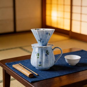 Könnte beinhalten: Ein hellblaues Keramik-Pour-Over-Kaffee-Set mit passender Teekanne und kleiner weißer Schüssel. Das Set hat ein Blumendesign mit grünen Blättern und blauen Blüten. Ein Bambusbesen und ein Löffel ruhen auf einer blauen Matte.