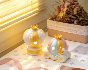 Personnalized Princess Carriage & Crown Ceramic Night Light - Custom Engraved Fairy Tale Decor Lamp