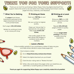 May include: A digital download graphic with text that reads "THANK YOU FOR YOUR SUPPORT!" and instructions for printing colouring pages. The pages are 21.6 x 21.6 cm. Includes a section on how to leave a review.