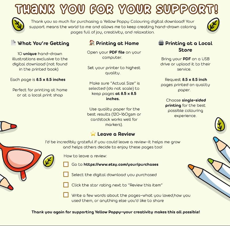 May include: A digital download graphic with text that reads "THANK YOU FOR YOUR SUPPORT!" and instructions for printing colouring pages. The pages are 21.6 x 21.6 cm. Includes a section on how to leave a review.