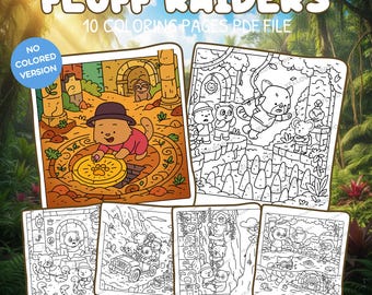 Páginas para colorear de Fluff Raiders / Aventuras con animales adorables / Exploración de fantasía acogedora / PDF imprimible