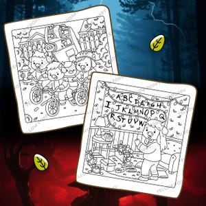 May include: Two black and white illustrations featuring cartoon pigs in scenes reminiscent of the TV show "Stranger Things." One shows pigs on bikes, the other a pig in a room with alphabet lights. The text "YELLOW POPPY" is visible.